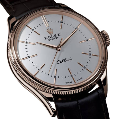 Rolex Cellini Time Rose Gold White Dial Black Strap Mens Watch 50505