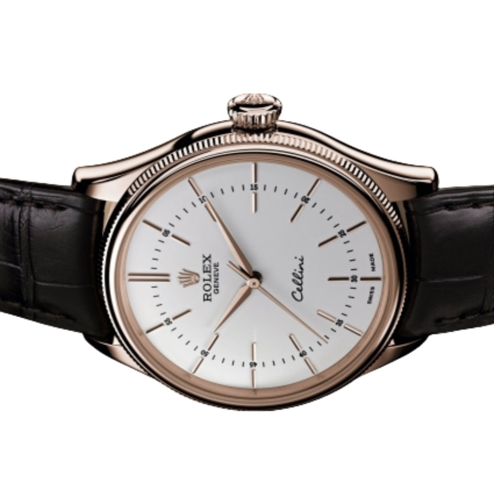 Rolex Cellini Time Rose Gold White Dial Black Strap Mens Watch 50505