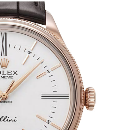 Rolex Cellini Time Rose Gold White Dial Black Strap Mens Watch 50505