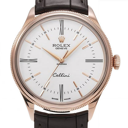 Rolex Cellini Time Rose Gold White Dial Black Strap Mens Watch 50505