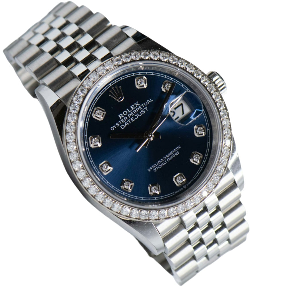 Rolex Men's Datejust Stainless Steel 36mm Oyster Diamond Bezel Navy Blue Diamond Dial Watch