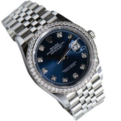 Rolex Men's Datejust Stainless Steel 36mm Oyster Diamond Bezel Navy Blue Diamond Dial Watch