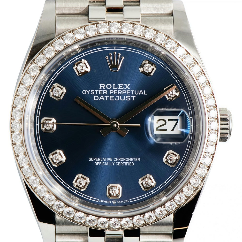 Rolex Men's Datejust Stainless Steel 36mm Oyster Diamond Bezel Navy Blue Diamond Dial Watch